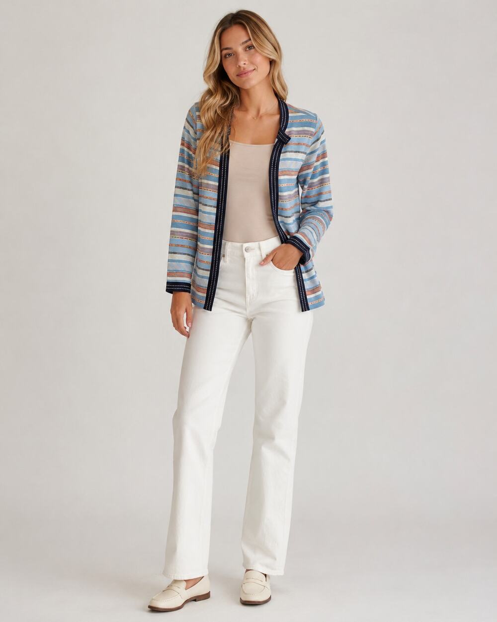 Misook Blue Tan Striped Open Front Cardigan Sweater Womens M Luxury Knit Preppy